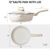 imageCAROTE 12Inch Nonstick Deep Frying Pan with Lid 55 Qt Jumbo Cooker Saute Pan with Pour Spout Skillet Induction Cookware Non Stick Cooking Pan Kitchen Pan PFOA Free White GraniteCream White