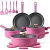 imageCAROTE Non Stick Pots and Pans Set Cookware Sets Nonstick Kitchen Cooking Set with StayCool Handleswith Silicone Tools and Pot Protectors17 PieceMagenta