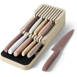 imageCAROTE 11 Pieces Knife Set with Block for kitchen Stainless Steel RazorSharp Blade Triple Riveted Ergonomic Handle Wooden Magnetic Block Essential Knife Block Set BeigeCape Taupe