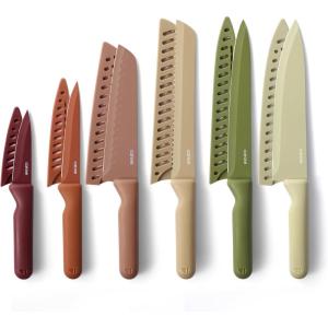 imageCAROTE 12 Pieces Kitchen Knife Set Stainless Steel Knife Set With Nonstick Ceramic Coating Dishwasher Safe with 6 Blade Guards Rustproof BrownSoft Spring