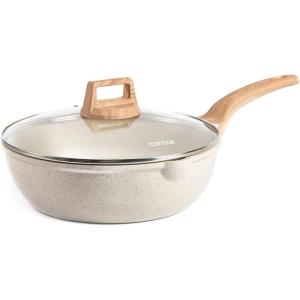 imageCAROTE 12Inch Nonstick Deep Frying Pan with Lid 55 Qt Jumbo Cooker Saute Pan with Pour Spout Skillet Induction Cookware Non Stick Cooking Pan Kitchen Pan PFOA Free White GraniteCream White