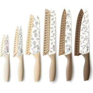 imageCAROTE 12PCS Knife Set Kitchen Knife Set with 6 Blade Guards Stainless Steel Knives Set With Nonstick Ceramic Coating Rustproof Delicate Floral Designs White
