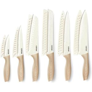 imageCAROTE 12PCS Knife set with Blade GuardsGranite Nonstick Ceramic CoatingStainless Steel blade Wood Grain Handle Essential knife setWhiteWhite
