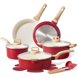 imageCAROTE 14 Pcs Pots and Pans Set NonstickCookware Set Kitchen Cooking Set with Utensil and Pan ProtectorsRed