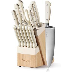 imageCAROTE 14 Pieces Knife Set with Block Forged High Carbon Stainless Steel Sharp Blade Block Knife Set Dishwasher Safe Cutlery CreamCream