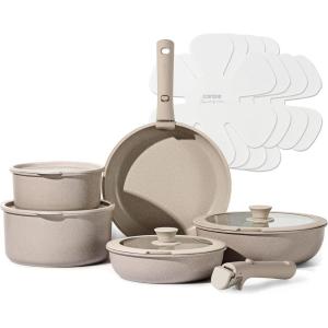 imageCAROTE 15pcs Pots and Pans Set Nonstick Cookware Set Detachable Handle Induction Kitchen Cookware Sets Non Stick with Removable Handle RV Cookware Set Oven Safe Taupe