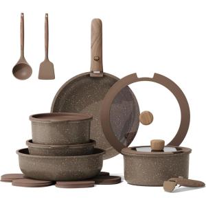 imageCAROTE 17PCS Pots and Pans Set Non Stick with Detachable Handle Nonstick Cookware Sets Cooking Kitchen Set OvenDishwasher Safe Induction Cookware Brown RV Kitchen Pot and Pan