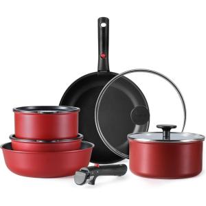 imageCAROTE 19pcs Pots and Pans Set Nonstick Cookware Set Detachable Handle Induction Kitchen Cookware Sets Non Stick with Removable Handle RV Cookware Set Oven SafeRed