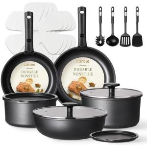 imageCAROTE 19pcs Pots and Pans Set Nonstick Cookware Set Detachable Handle Induction Kitchen Cookware Sets Non Stick with Removable Handle RV Cookware Set Oven SafeJet Black