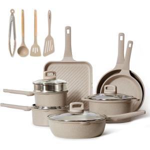 imageCAROTE 19pcs Pots and Pans Set Nonstick Cookware Set Detachable Handle Induction Kitchen Cookware Sets Non Stick with Removable Handle RV Cookware Set Oven SafeBeige Granite