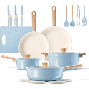 imageCAROTE 24pcs Ceramic Cookware Set Pots and Pans Non Stick Kitchen Cookware Sets Pots and Pans Set Cooking Set with Knife SetBlue