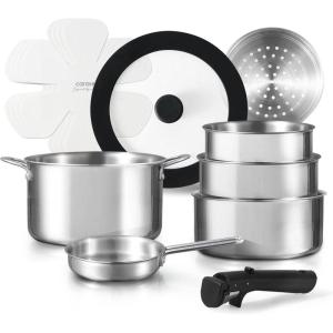 imageCAROTE 24pcs Pots and Pans Set Non Stick Nonstick Cookware Set OvenDishwasherFridge Safe Pots and Pans RV Safe Cookware Induction Kitchen Gift Set Detachable Handle PeachPolished Black