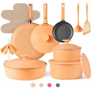 imageCAROTE 24pcs Pots and Pans Set Non Stick Nonstick Cookware Set OvenDishwasherFridge Safe Pots and Pans RV Safe Cookware Induction Kitchen Gift Set Detachable Handle PeachPeach