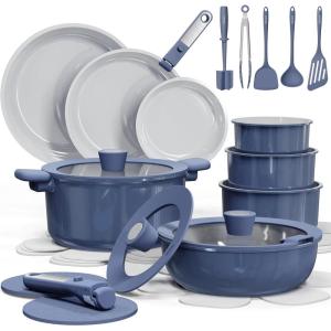 imageCAROTE 27pcs Ceramic Cookware Set Nonstick Pots and Pans Set Non stick Non Toxic Cookware DishwasherOven Safe RVCamping Cookware Set Pan and Pot with Kitchen Utensils Navy BlueNavy