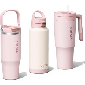 imageCAROTE 3Pack Insulated Stainless Steel Water Bottles with Upgraded Leakproof Tech Car Holder Fit ampamp ScratchResistant 323240 oz Travel Straw Tumblers Set for HomeCarOutdoor MacaronPink
