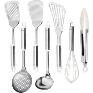 imageCAROTE 7PCS Stainless Steel Cooking Utensils Set Kitchen Tools for Stainless Steel Pots and Pans with Silicone High Temperature Resistance Dishwasher Safe