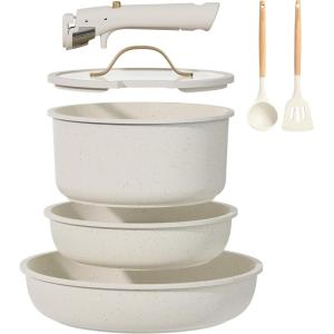 imageCAROTE 7pcs Pots and Pans Set Non Stick Cookware Set with Detachable Handle Kitchen Cookware Sets with Removable Handle RV Cookware Set Oven Safe Cream White