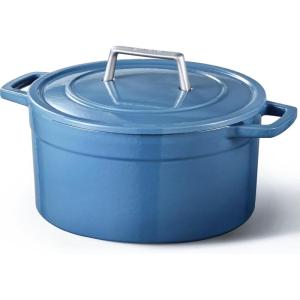 imageCAROTE Cast Iron Dutch Oven Pot with Lid Enameled Dutch Oven for Sourdough Bread Baking Dual Handles HeavyDuty Cast Iron Pot 5QT WhiteBlue