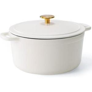 imageCAROTE Cast Iron Dutch Oven Pot with Lid Enameled Dutch Oven for Sourdough Bread Baking Dual Handles HeavyDuty Cast Iron Pot 5QT WhiteCream White