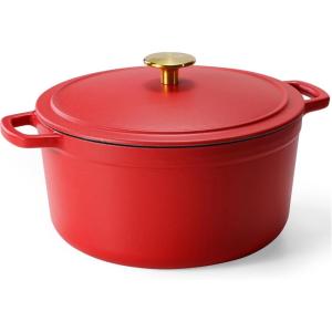 imageCAROTE Cast Iron Dutch Oven Pot with Lid Enameled Dutch Oven for Sourdough Bread Baking Dual Handles HeavyDuty Cast Iron Pot 5QT WhiteRed