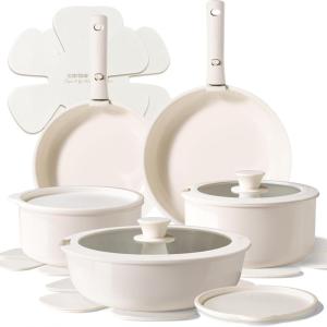 imageCAROTE Ceramic Cookware Sets Pots and Pans Set Non Stick Non Toxic Induction Cookware Kitchen Cookware Sets Pots Set for Healthy Coooking 15PCS White