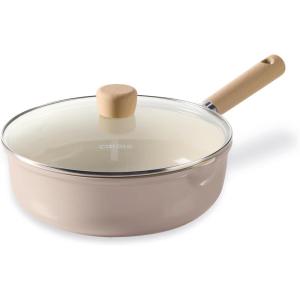 imageCAROTE Ceramic Nonstick Frying Pan Skillet with Lid 10quot Deep Frying Pan 4 QT Saute Pan wilt Lid Non Stick Chefs Pan Nontoxic Healthy PFOAPFAS Free InductionCompatible Taupe