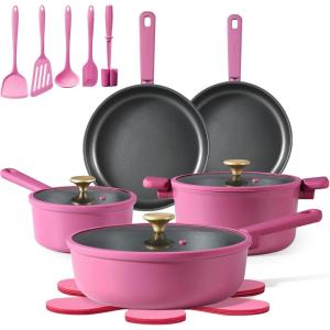 imageCAROTE Non Stick Pots and Pans Set Cookware Sets Nonstick Kitchen Cooking Set with StayCool Handleswith Silicone Tools and Pot Protectors17 PieceMagenta
