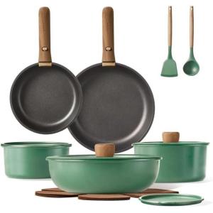 imageCAROTE Pots and Pans Set Non Stick Nonstick Cookware Sets Detachable Handle Induction Kitchen Pots and PanRV Cooking Set OvenDishwasherFridge Safe Space Saving17pcs Green