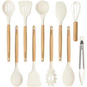 imageCAROTE Silicone Cooking Utensils Set Kitchen Utensils Set 10 Pcs for cooking BPA Free Spatula Set with Heat Resistant Wood Handles for Nonstick Cookware Cream WhiteBasic
