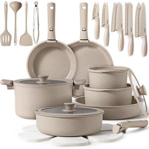imageCAROTE 35pcs Pots and Pans Set Non Stick Cookware Set Removable Handle Pots and Pans Nonstick RV Oven Safe Cookware Induction Kitchen Cookware Set Knife Set Taupe