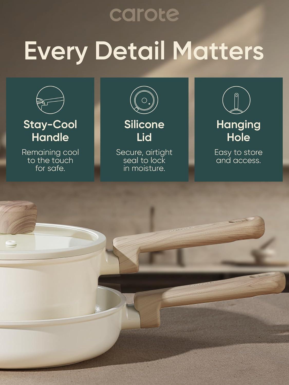 imageCAROTE 12Pcs Ceramic Pots and Pans Set Non Stick Healthy Cookware Set PFASPFOA Free Kitchen Cooking Set with Frying Pans TaupeWhite