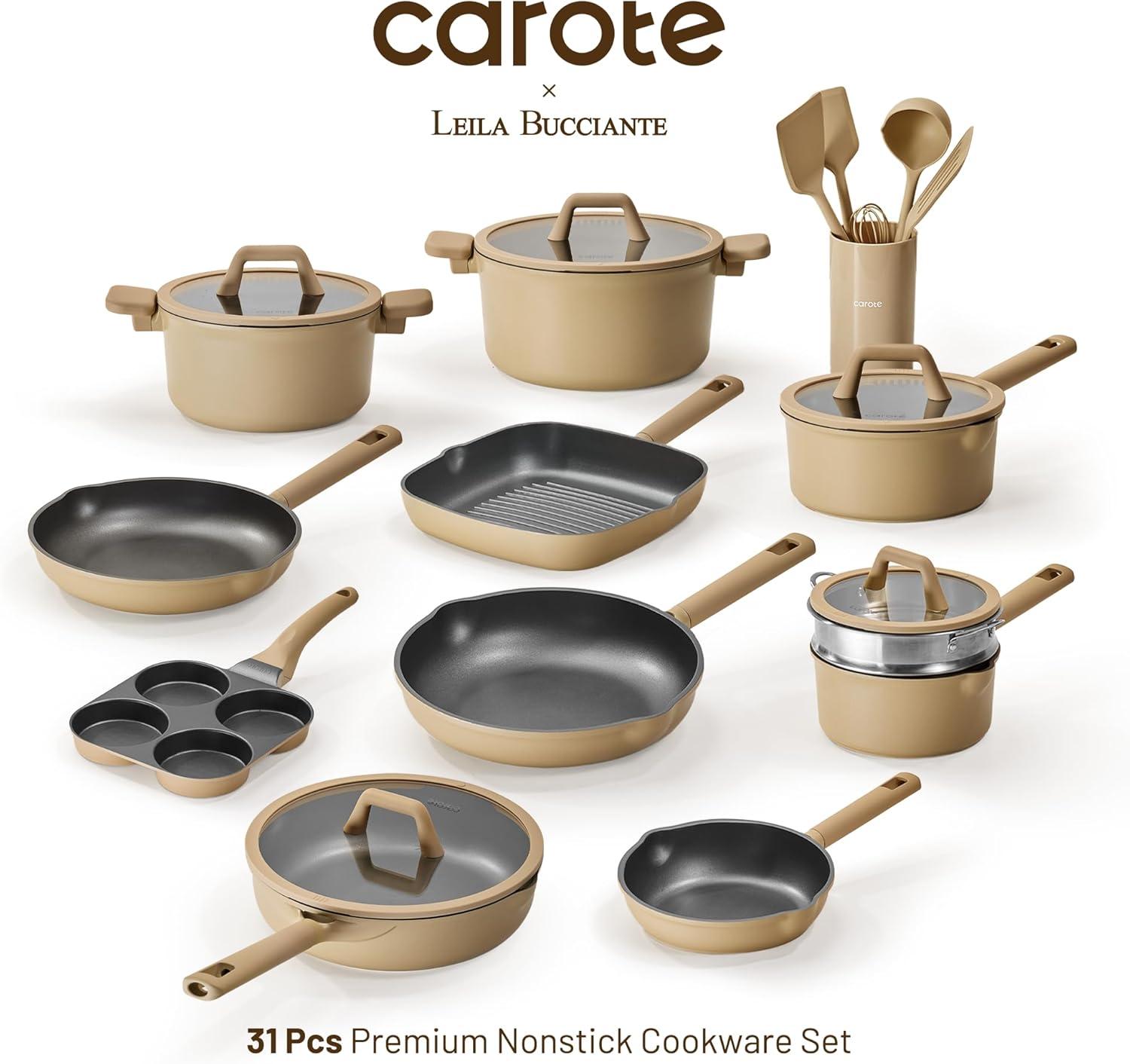 imageCAROTE 31PCS Pots and Pans Set Nonstick Cookware Set Kitchen Non Stick Induction Cookware Nontoxic Granite Cooking set31 Pcs Brown