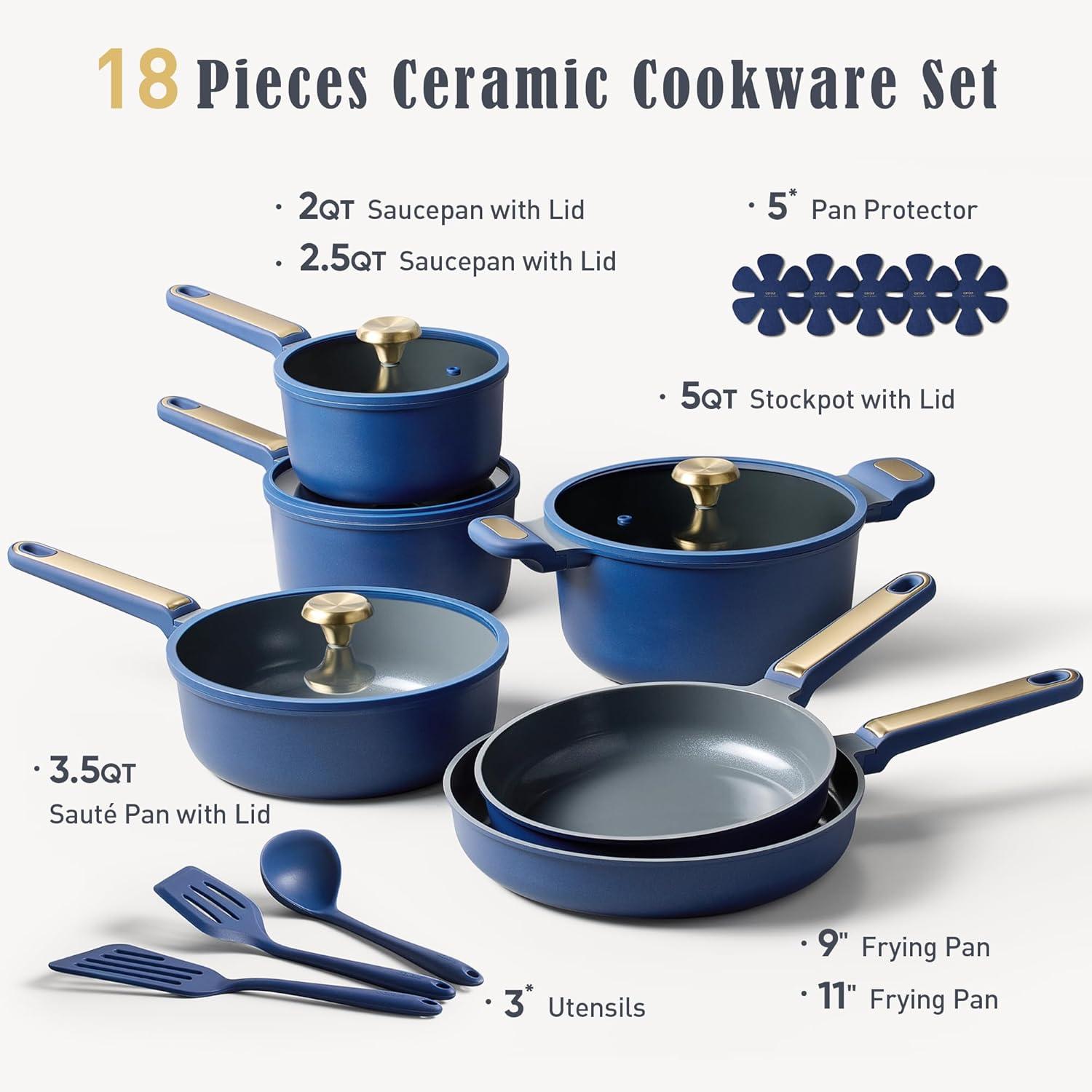imageCAROTE Ceramic Cookwar Set Pots and Pan Set Non Stick 18 Piece Cookware Set Kitchen Cooking Set Non Toxic PFAS PTFE Free
