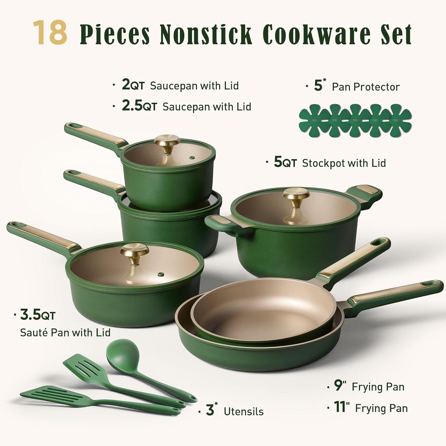 imageCAROTE Pots and Pan Set Non stick Cookware Set 18pcs NonStick Kitchen Set Induction Cookware Nontoxic Granite Cooking SetGreen
