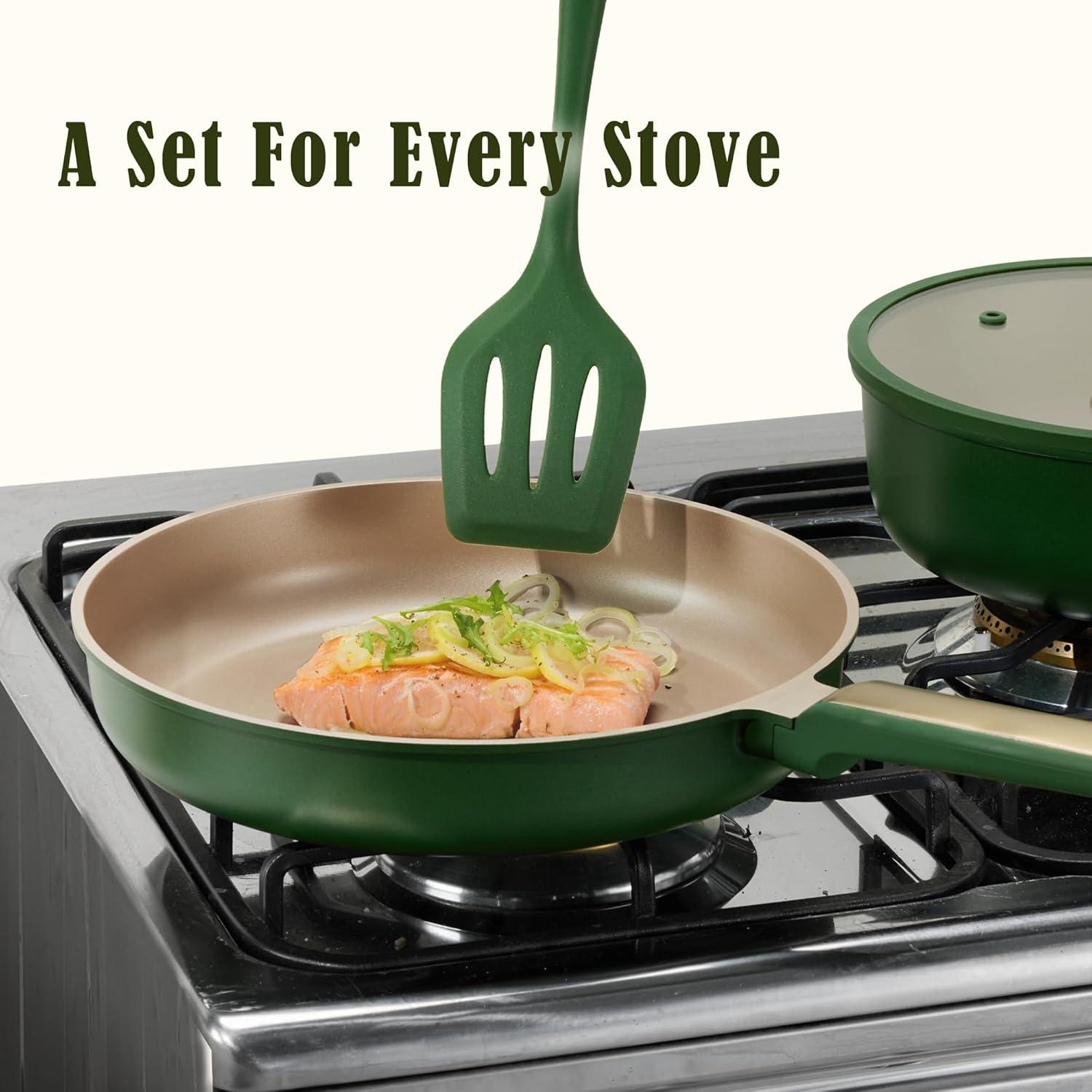 imageCAROTE Pots and Pan Set Non stick Cookware Set 18pcs NonStick Kitchen Set Induction Cookware Nontoxic Granite Cooking SetGreen