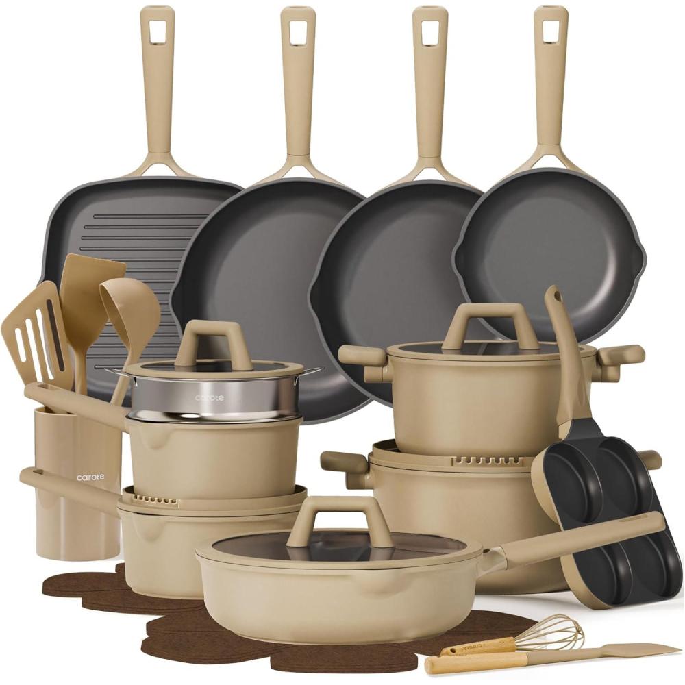 imageCAROTE 31PCS Pots and Pans Set Nonstick Cookware Set Kitchen Non Stick Induction Cookware Nontoxic Granite Cooking set31 Pcs Brown