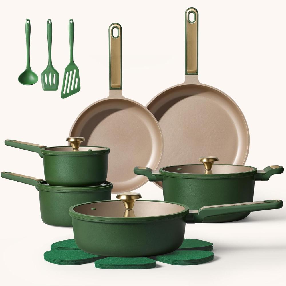 imageCAROTE Pots and Pan Set Non stick Cookware Set 18pcs NonStick Kitchen Set Induction Cookware Nontoxic Granite Cooking SetGreen