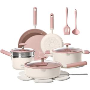 imageCAROTE Pots and Pans Set Nonstick Ceramic Cookware Set Pink Cooking Set Kitchen Induction Set with Steamer PFAS PTFE Free15 Piece