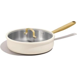 imageCAROTE 10quot Stainless Steel Frying Pan with Lid Outer Ceramic Layer NonToxic Even HeatingOven Safe Induction Ceramic and Gas Cooktops Compatible White