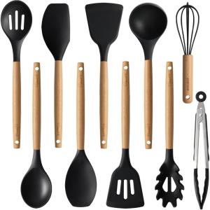 imageCAROTE Silicone Cooking Utensils Set for Nonstick Cookware 446F Heat Resistant Kitchen Utensil Set with Wooden Handle 10pcs Spatula Turner Spoon Tongs WhiskMedium
