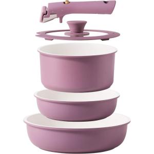 imageCAROTE 6pcs Pots and Pans Set Non Stick Cookware Sets Kitchen Set OvenFridge Safe Space Saving Pots Set Nonstick Cooking Set with Versatile Detachable Handle Induction RV Set Jet BlackPurple