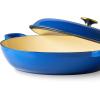 imageCAROTE 35QT Enameled Cast Iron Braiser Pan Shallow Dutch Oven Casserole Skillets NonToxic Cast Iron Pot with Lid for Grilling Searing Baking Dual Handles All Stovetop Compatible RedBlue