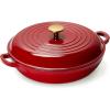 imageCAROTE 35QT Enameled Cast Iron Braiser Pan Shallow Dutch Oven Casserole Skillets NonToxic Cast Iron Pot with Lid for Grilling Searing Baking Dual Handles All Stovetop Compatible RedRed