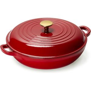 imageCAROTE 35QT Enameled Cast Iron Braiser Pan Shallow Dutch Oven Casserole Skillets NonToxic Cast Iron Pot with Lid for Grilling Searing Baking Dual Handles All Stovetop Compatible RedRed