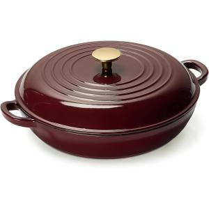 imageCAROTE 35QT Enameled Cast Iron Braiser Pan Shallow Dutch Oven Casserole Skillets NonToxic Cast Iron Pot with Lid for Grilling Searing Baking Dual Handles All Stovetop Compatible RedFig