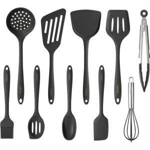 imageCAROTE Kitchen Utensil Set for Nonstick Cookware  446F Heat Resistant Silicone Cooking Utensils Set 10pcs White Oderless Spatula TurnerGray