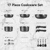imageCAROTE 17PCS Ceramic Cookware Sets Black and Gray Pots and Pans Set Non Stick Non Toxic Induction Cookware Kitchen Cookware Sets Pots Set for Healthy CookingJet Black