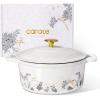 imageCAROTE 5QT Cast Iron Dutch Oven Pot with Lid Enameled Floral Dutch Ovens with Gift Box Cast Iron Pot for Sourdough Bread Baking Braising Stews Roasting Dual Handles Healthy ampamp NonToxic All Stovetop Compatible Oven Safe up to 500 F WhiteWhite Bird  Floral