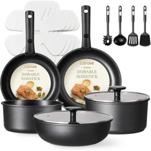 imageCAROTE 17PCS Ceramic Cookware Sets Black and Gray Pots and Pans Set Non Stick Non Toxic Induction Cookware Kitchen Cookware Sets Pots Set for Healthy CookingJet Black