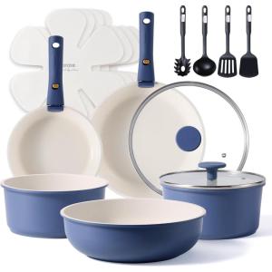 imageCAROTE 17PCS Ceramic Cookware Sets Black and Gray Pots and Pans Set Non Stick Non Toxic Induction Cookware Kitchen Cookware Sets Pots Set for Healthy CookingBlue